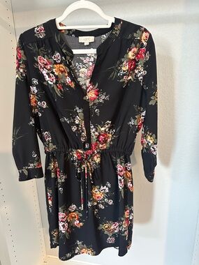 LOFT Black Floral Drawstring Shirt Dress with Mixed Blooms